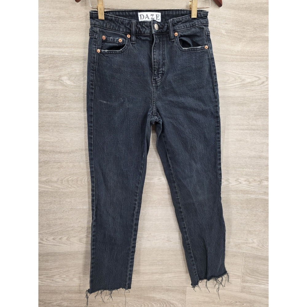 Daze Tough Love Jeans Women's 25 Black High Rise Straight Raw Hem Stretch Denim